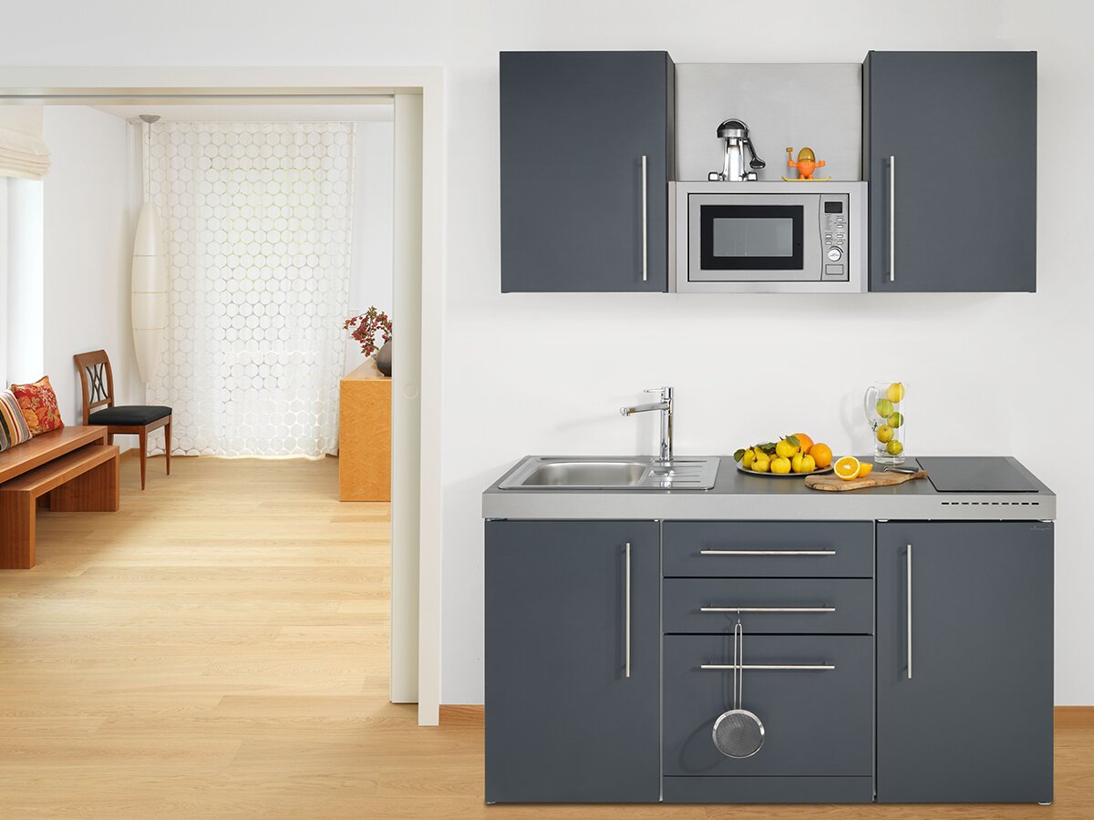 Miniküche mit Kühlschrank Singleküche Doppel-Kochplatte Spüle Küche 160 cm weiss 